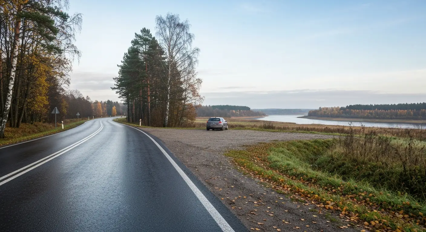 Prowincjonalna droga z Bydgoszczy do Koronowa jesienią, mokry asfalt, opadłe liście i dolina Brdy w tle