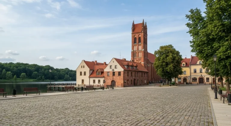 Zabytkowe centrum Koronowa z ceglana wieza kosciola i rynkiem oraz spokojna tafla wody nad Brda w sloneczny dzien.
