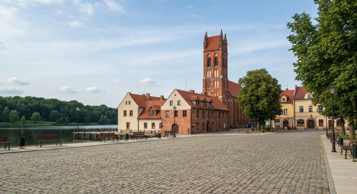 Zabytkowe centrum Koronowa z ceglana wieza kosciola i rynkiem oraz spokojna tafla wody nad Brda w sloneczny dzien.