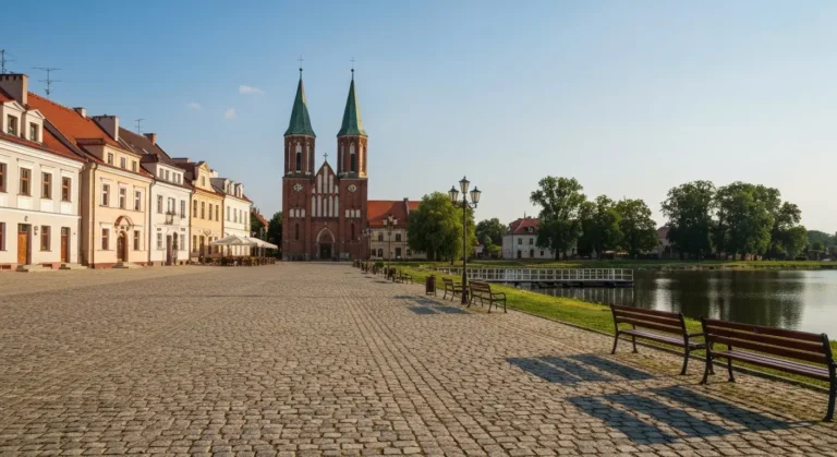 Brukowany rynek w Koronowie z zabytkowymi kamienicami i ceglaną bazyliką, w tle spokojna tafla Zalewu Koronowskiego w re