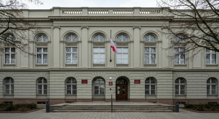 Fasada zabytkowego gmachu urzedu administracji publicznej w Bydgoszczy z wysokimi oknami i masztem flagowym w pochmurny
