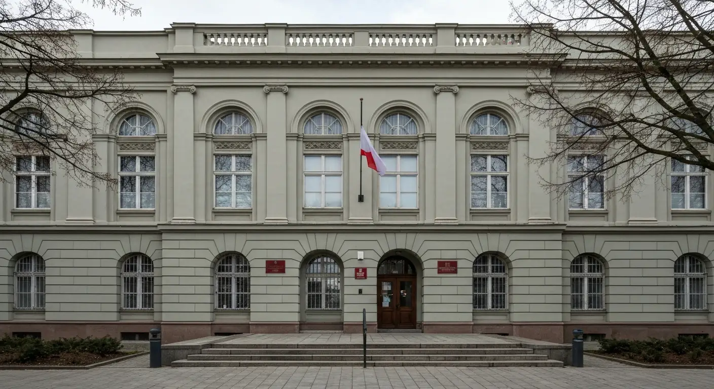 Fasada zabytkowego gmachu urzedu administracji publicznej w Bydgoszczy z wysokimi oknami i masztem flagowym w pochmurny