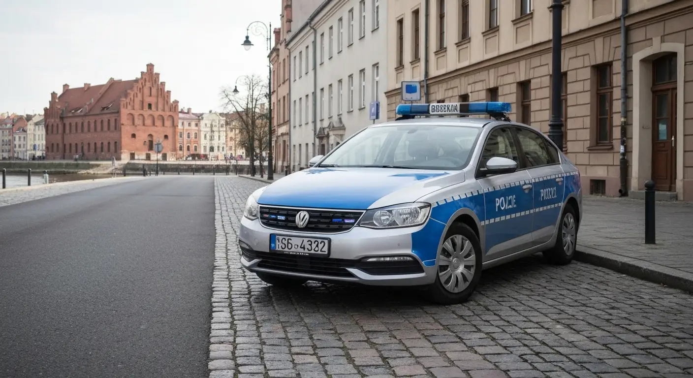 Biało-niebieski radiowoz policji zaparkowany na brukowanej ulicy w centrum Bydgoszczy przy zabytkowych kamienicach i ceg