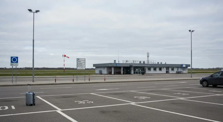 Niewielki regionalny terminal lotniska pod Bydgoszczą z parkingiem i walizką przy samochodzie o poranku