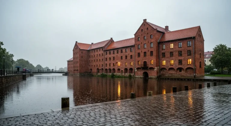 Ceglane spichrze nad Brdą na Wyspie Młyńskiej w Bydgoszczy w deszczowy, pochmurny dzień z odbiciem w mokrej rzece
