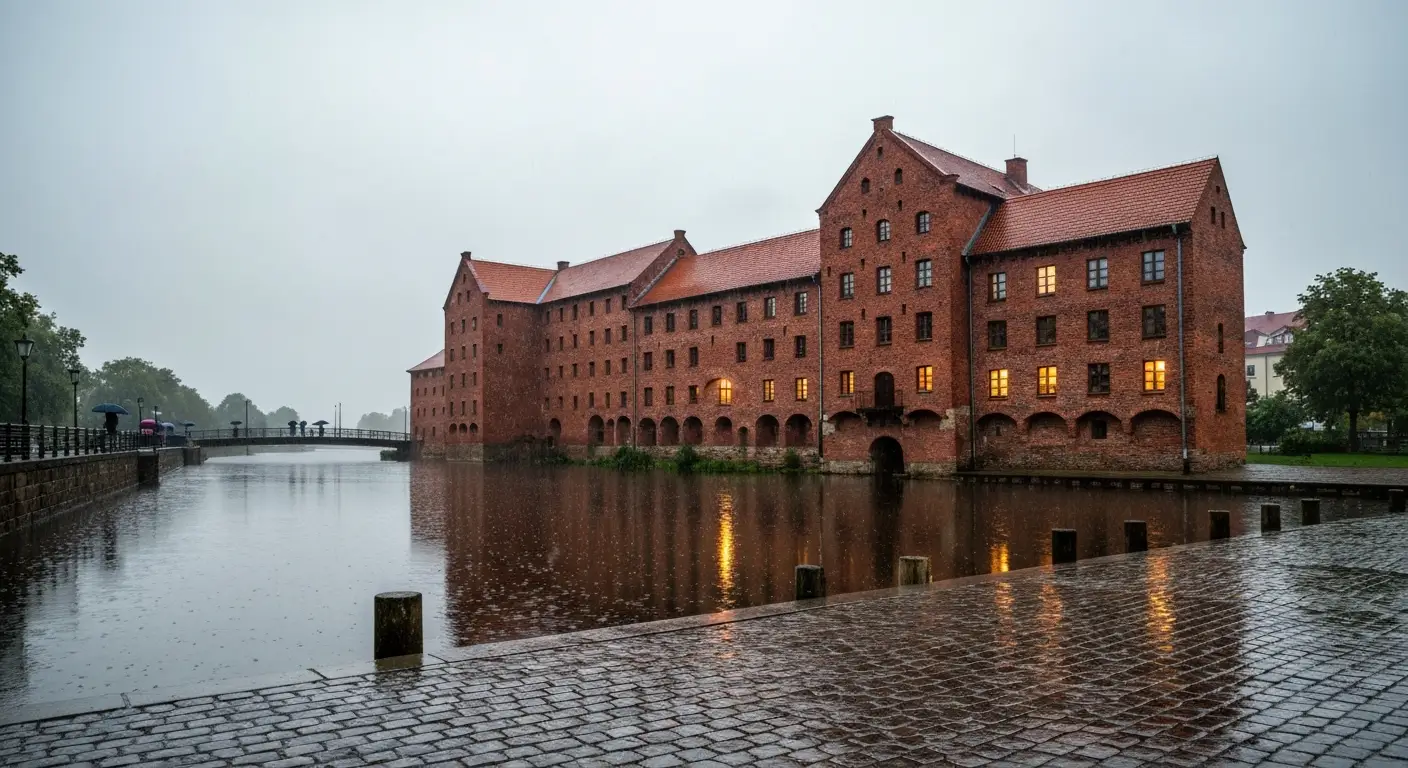 Ceglane spichrze nad Brdą na Wyspie Młyńskiej w Bydgoszczy w deszczowy, pochmurny dzień z odbiciem w mokrej rzece