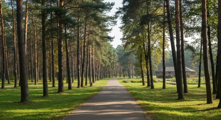 Szeroka leśna aleja w parku Myślęcinek w Bydgoszczy, słoneczne trawniki i drzewa w naturalnym świetle dnia.