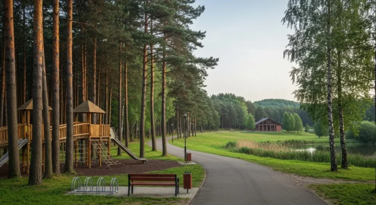 Lesny park rekreacyjny w Bydgoszczy - aleja wsrod sosen, drewniany plac zabaw i laka z stawem w tle