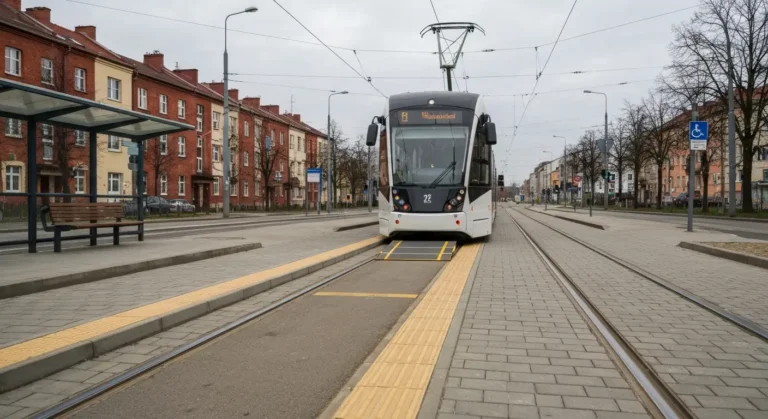 Niskopodłogowy tramwaj w Bydgoszczy z rozłożoną rampą przy przystanku z płytami prowadzącymi dla osób z niepełnosprawnoś
