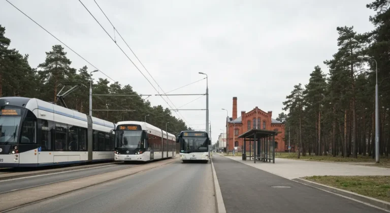 Miejski tramwaj i autobus podjezdzajace do przystanku na skraju Bydgoszczy, w tle las i ceglane budynki dawnej fabryki