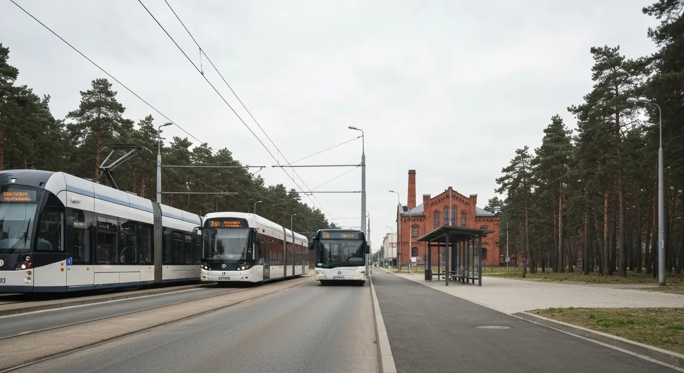 Miejski tramwaj i autobus podjezdzajace do przystanku na skraju Bydgoszczy, w tle las i ceglane budynki dawnej fabryki