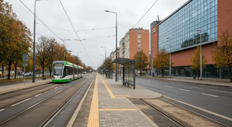 Nowoczesny zielono-bialy tramwaj niskopodlogowy podjezdza do zadaszonego przystanku przy szerokiej alei w Bydgoszczy, w