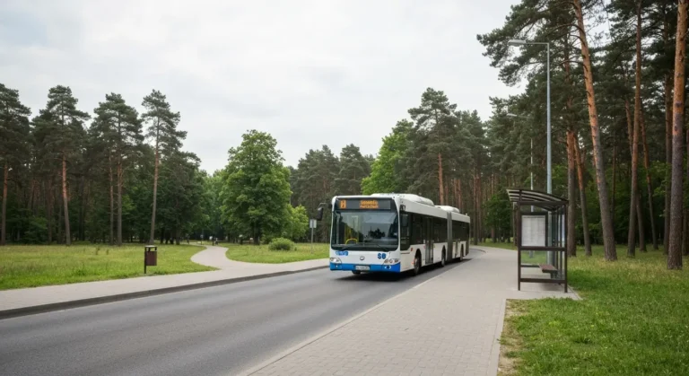 Miejski autobus podjezdzajacy do przystanku przy lesnym parku Myslecinek w Bydgoszczy, sciezka prowadzaca w glab lasu