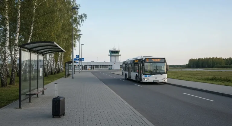 Miejski autobus podjezdzajacy pod niewielki terminal lotniska w Bydgoszczy, obok wiata przystankowa i walizka na chodnik