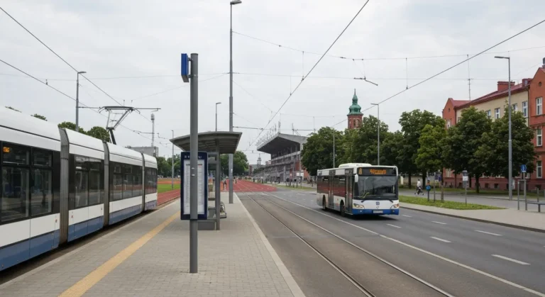 Miejski tramwaj i autobus komunikacji miejskiej przy zadaszonym przystanku niedaleko stadionu w Bydgoszczy w letni dzien
