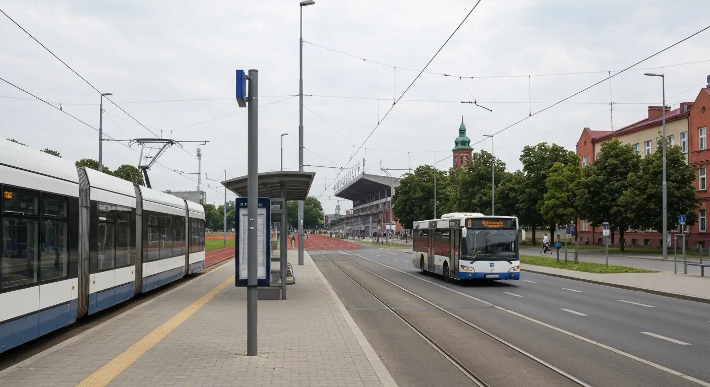 Miejski tramwaj i autobus komunikacji miejskiej przy zadaszonym przystanku niedaleko stadionu w Bydgoszczy w letni dzien
