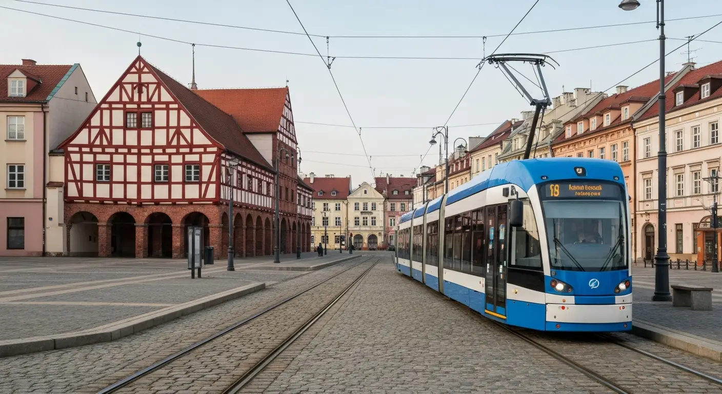 Niebiesko-bialy tramwaj MZK na torach w historycznym centrum Bydgoszczy, w tle spichrze nad Brda i kamienice Starego Ryn