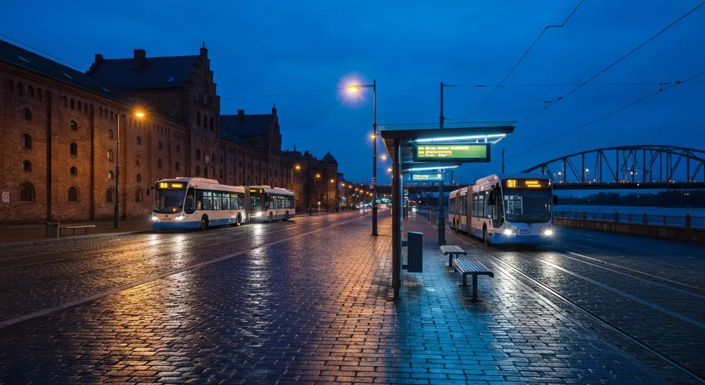 Nocny przystanek komunikacji miejskiej w Bydgoszczy z tramwajem i autobusem oraz podswietlona tablica odjazdow nad mokra