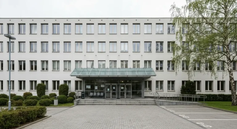 Wejscie do budynku urzedu publicznej sluzby zdrowia w Bydgoszczy z podjazdem dla niepelnosprawnych i przeszklonymi drzwi
