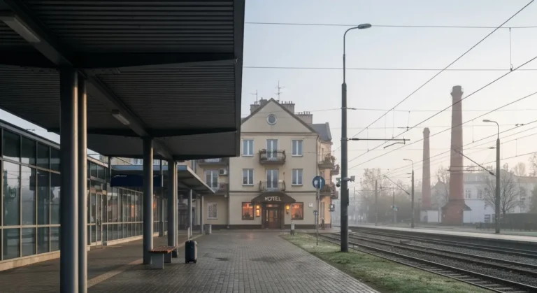 Peron dworca Bydgoszcz Glowna o poranku, walizka przy lawce i kamienice Srodmiescia z wejsciem do hotelu w tle