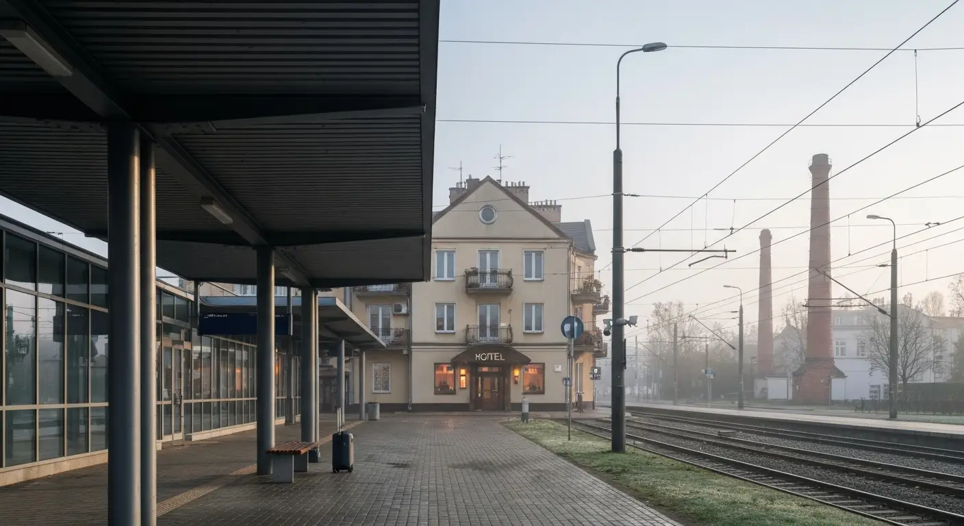 Peron dworca Bydgoszcz Glowna o poranku, walizka przy lawce i kamienice Srodmiescia z wejsciem do hotelu w tle