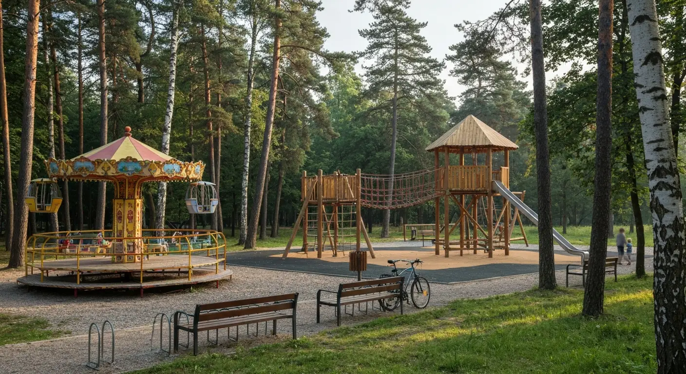 Kolorowa karuzela i drewniany plac zabaw w lesnym parku rozrywki w Myslecinku w Bydgoszczy