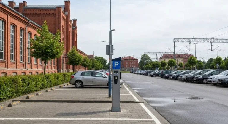 Parking z rzedami samochodow i parkomatem przy budynku dworca kolejowego w Bydgoszczy