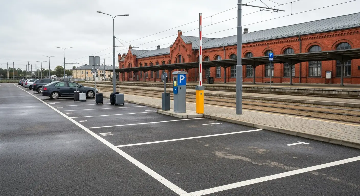 Parking z wyznaczonymi miejscami przy zabytkowym ceglanym dworcu kolejowym w Bydgoszczy, parkomat i szlaban przy wjezdzi