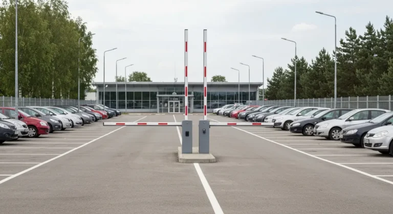 Parking przy terminalu lotniska w Bydgoszczy - rzedy zaparkowanych aut, szlaban i terminal biletowy
