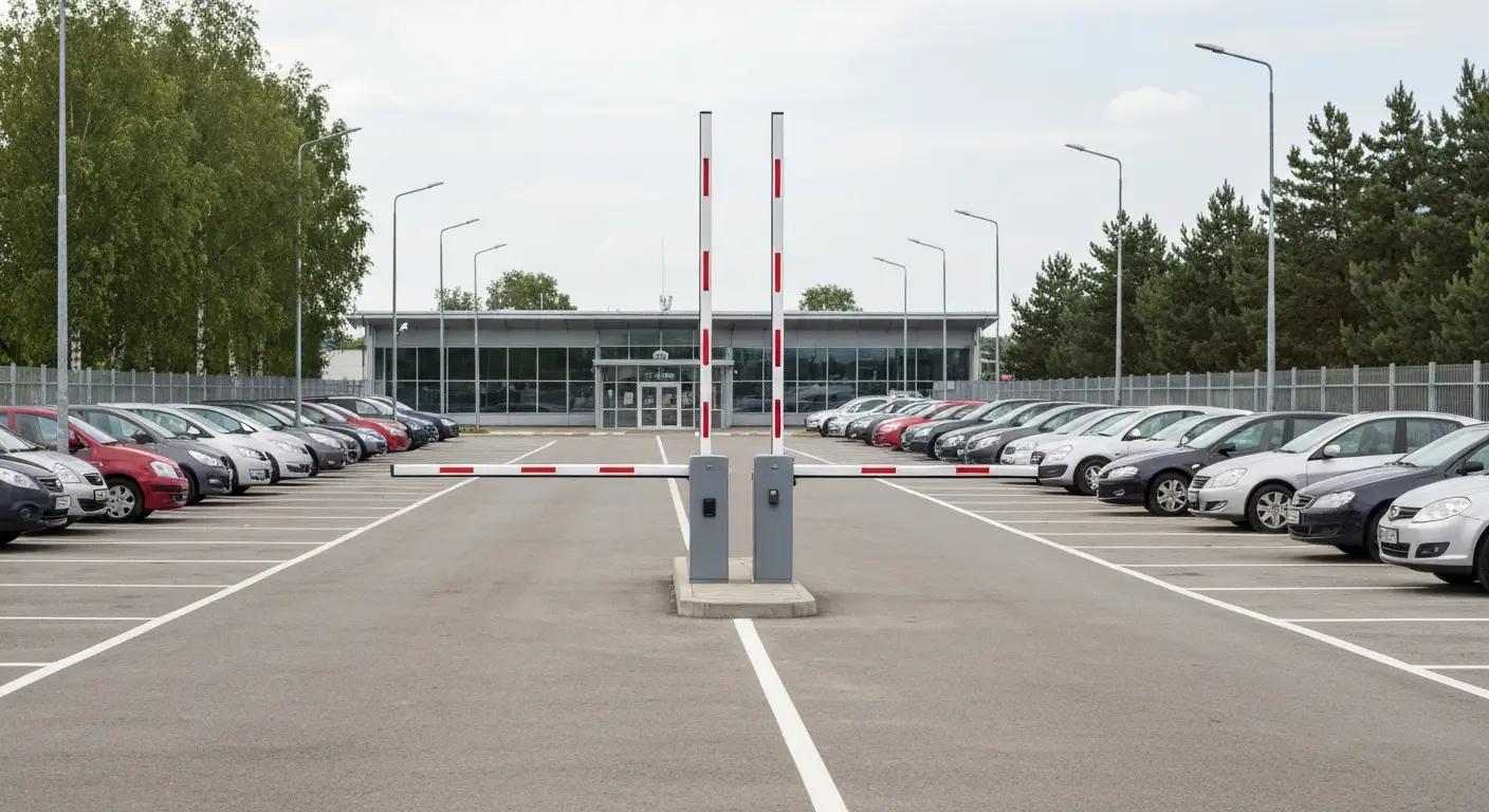 Parking przy terminalu lotniska w Bydgoszczy - rzedy zaparkowanych aut, szlaban i terminal biletowy