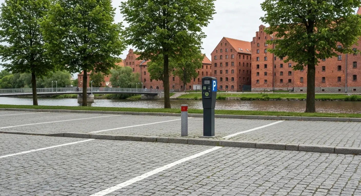 Miejsca parkingowe w centrum Bydgoszczy, w tle kladka nad Brda i ceglane mlyny Wyspy Mlynskiej
