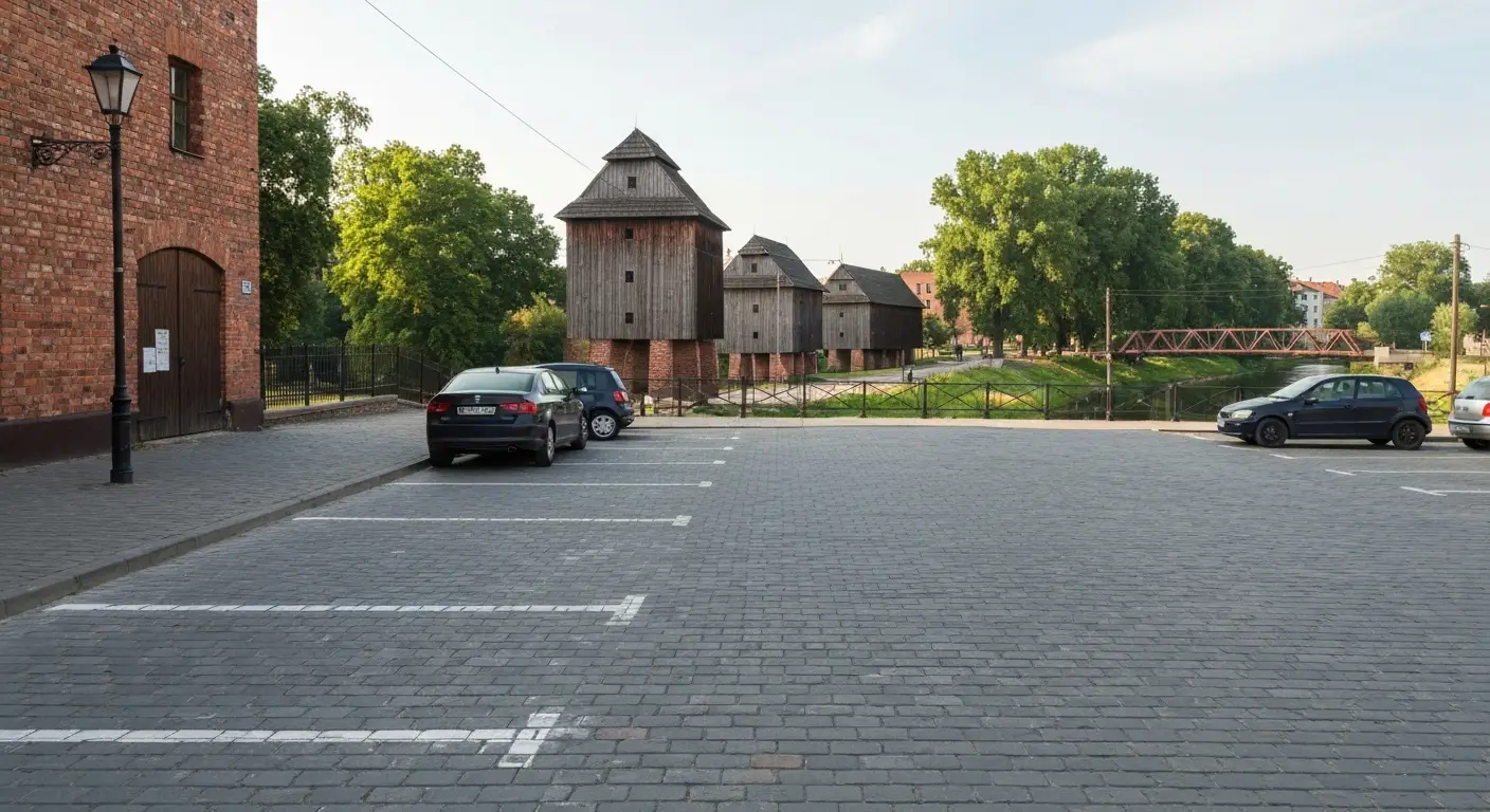 Parking w centrum Bydgoszczy z widokiem na kamienice, spichrze nad Brda i zielen Wyspy Mlynskiej