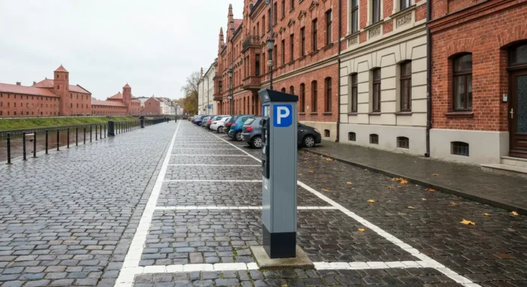 Parkomat i oznaczone miejsca parkingowe przy brukowanej ulicy z kamienicami w centrum Bydgoszczy