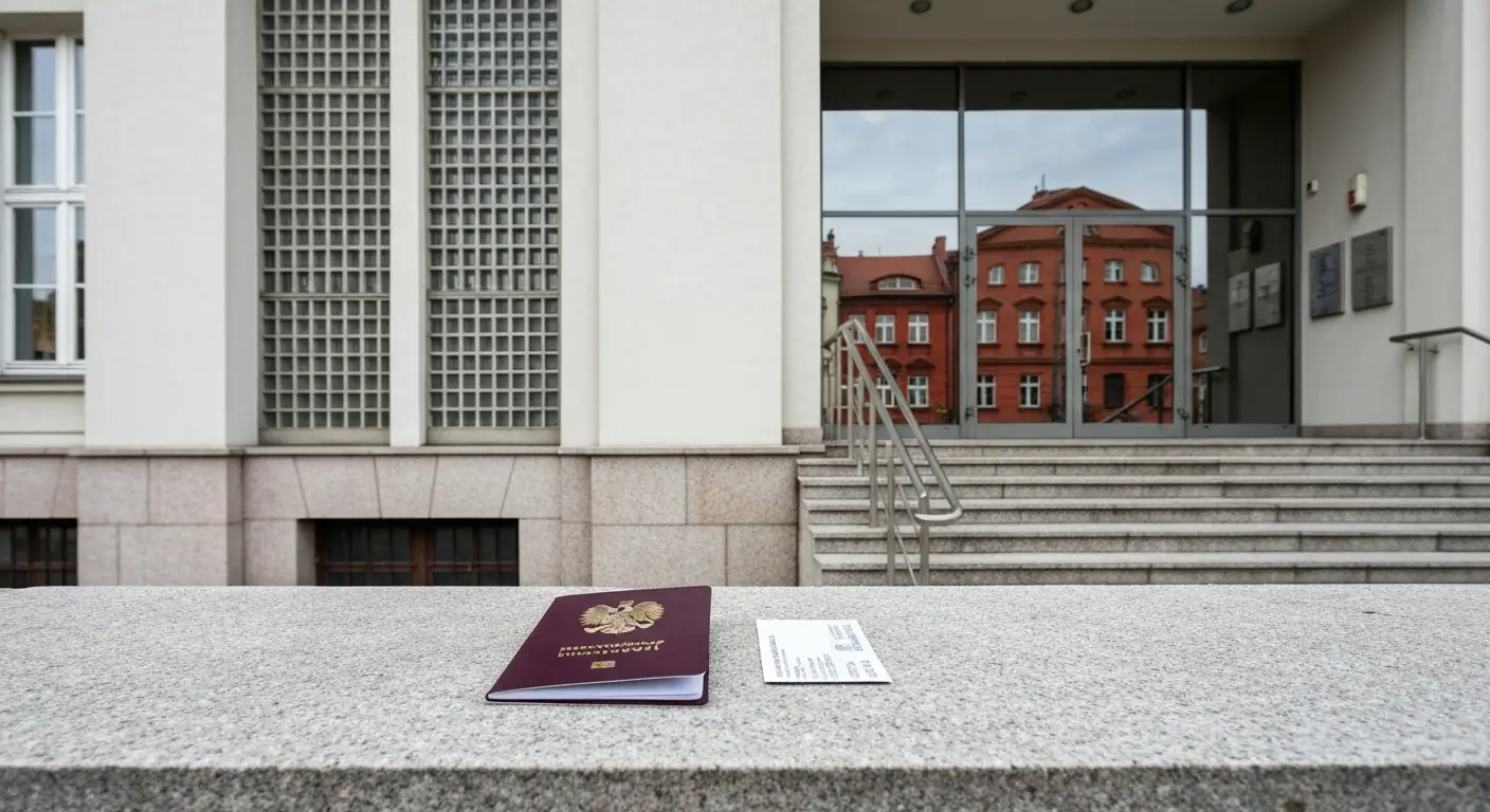 Wejscie do budynku urzedu wojewodzkiego w Bydgoszczy, na kamiennym gzymsie lezy bordowy paszport