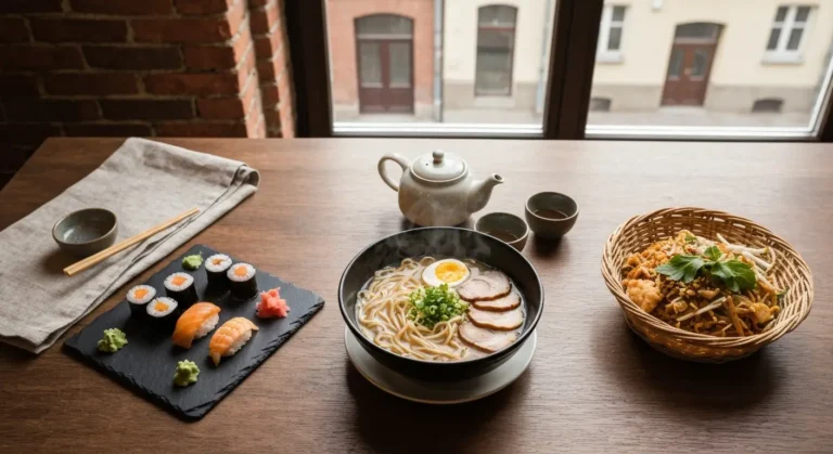 Stol w bydgoskiej restauracji azjatyckiej z miska ramenu, sushi, pho i pad thai przy oknie z widokiem na kamienice