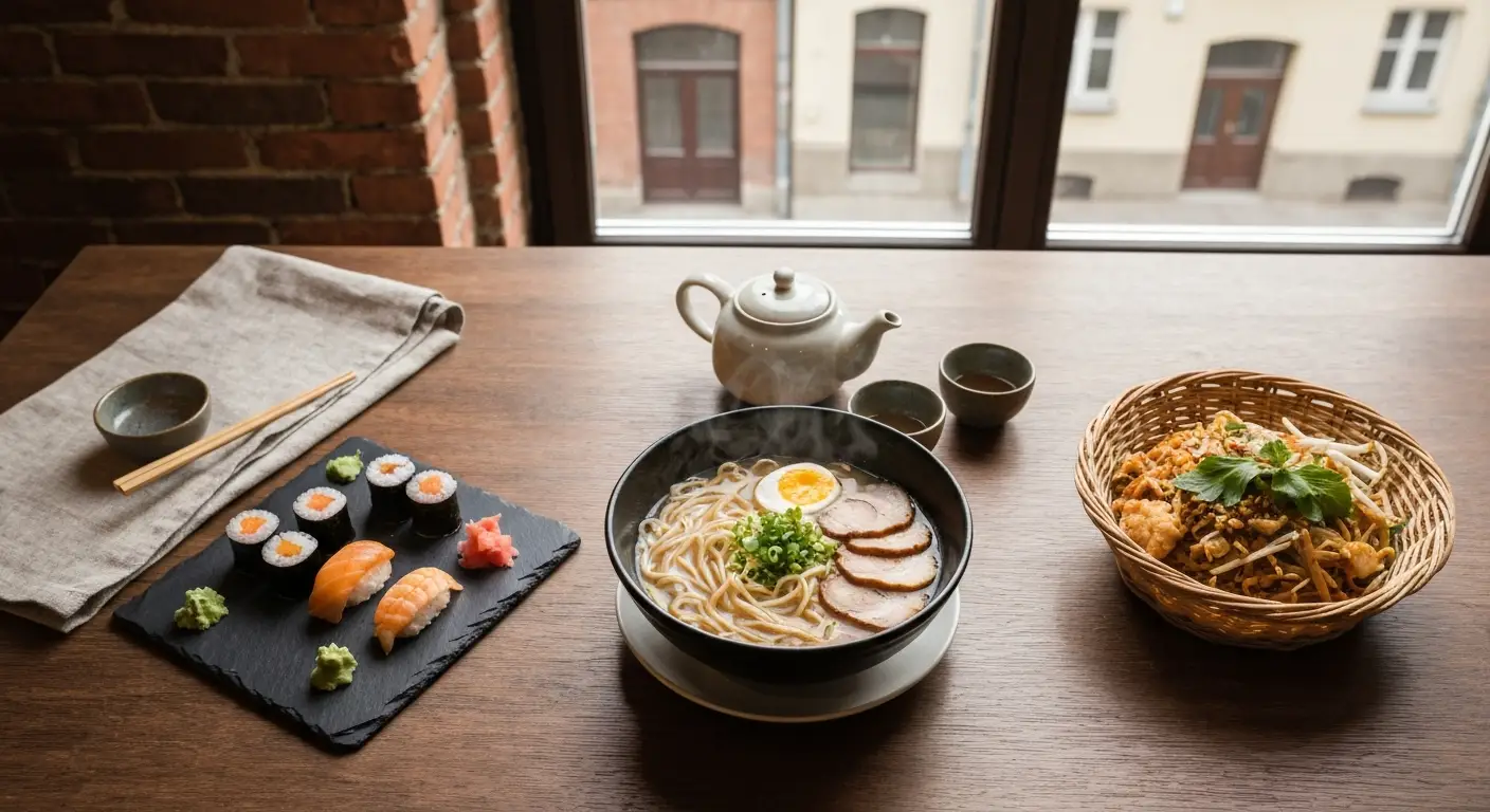 Stol w bydgoskiej restauracji azjatyckiej z miska ramenu, sushi, pho i pad thai przy oknie z widokiem na kamienice
