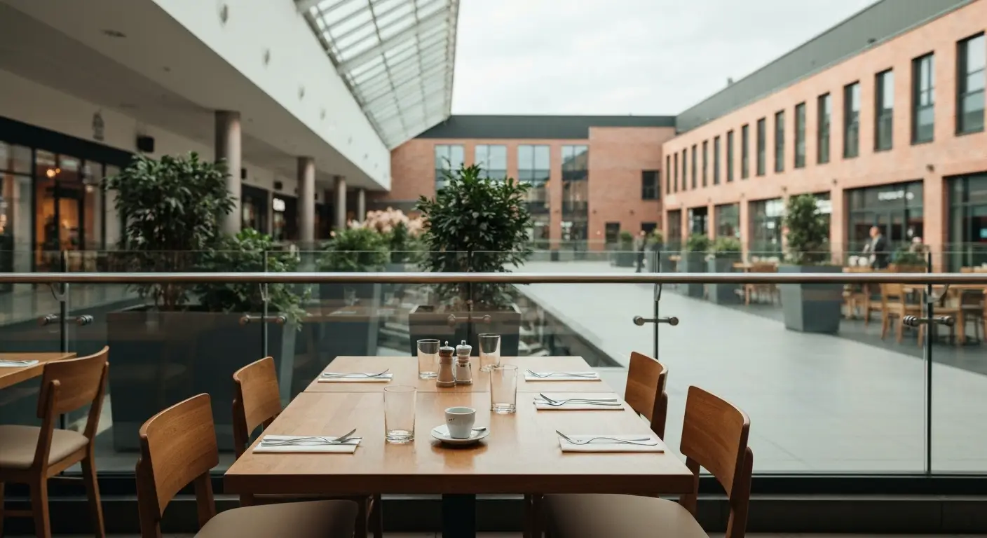 Stolik restauracyjny przy przeszklonej galerii handlowej w Bydgoszczy, nakryty do posilku, w tle miejska zabudowa