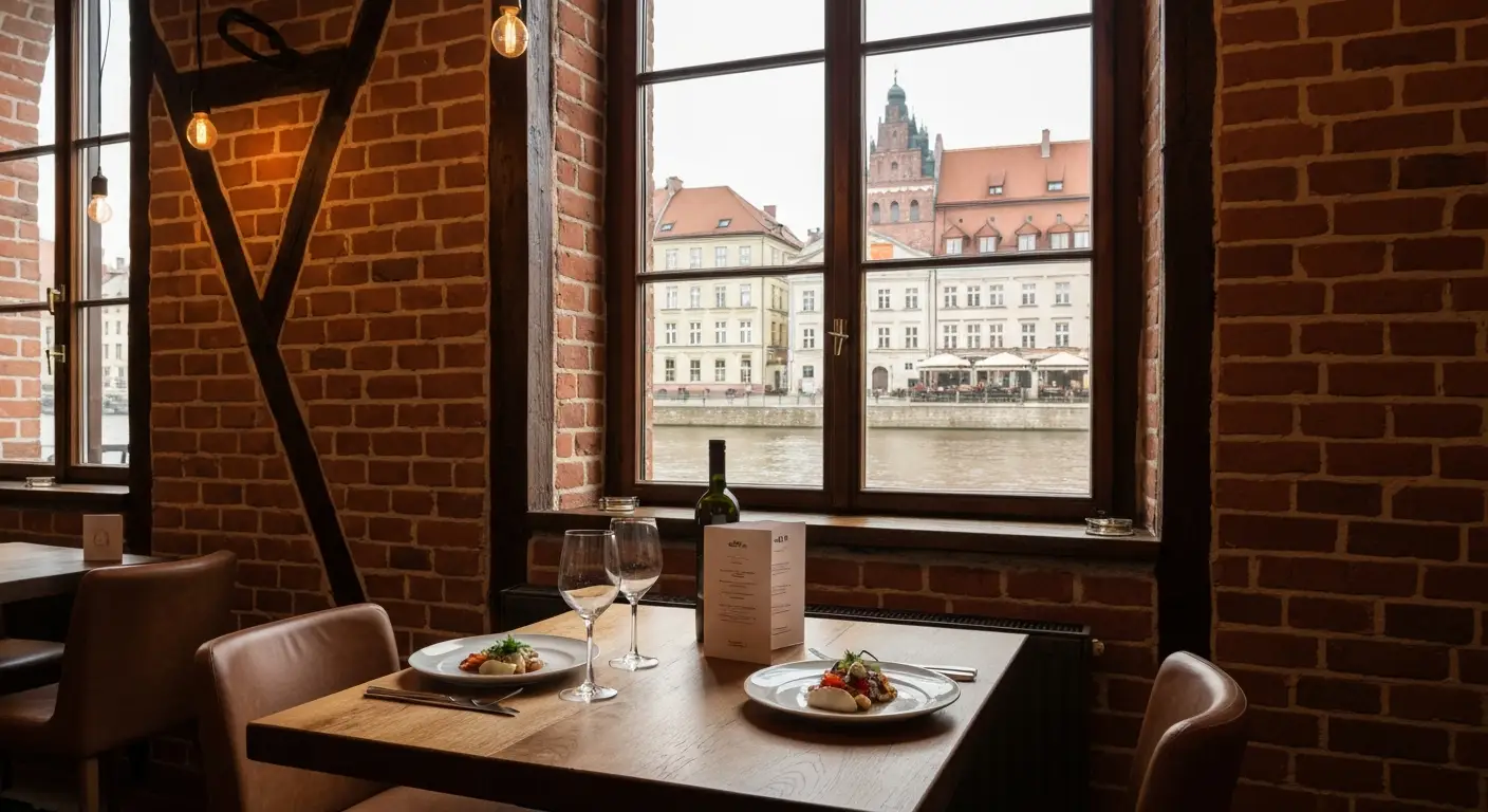 Stolik w bydgoskiej restauracji przy oknie z widokiem na kamienice nad Brda