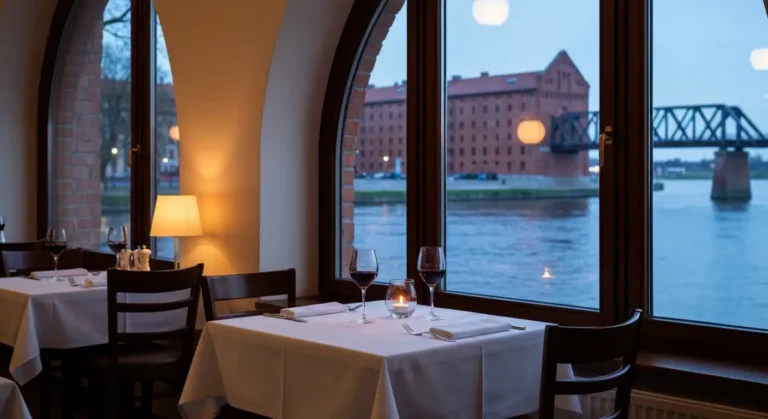 Kameralny stolik dla dwojga przy oknie restauracji w Bydgoszczy z widokiem na Brde i ceglane spichrze o zmierzchu