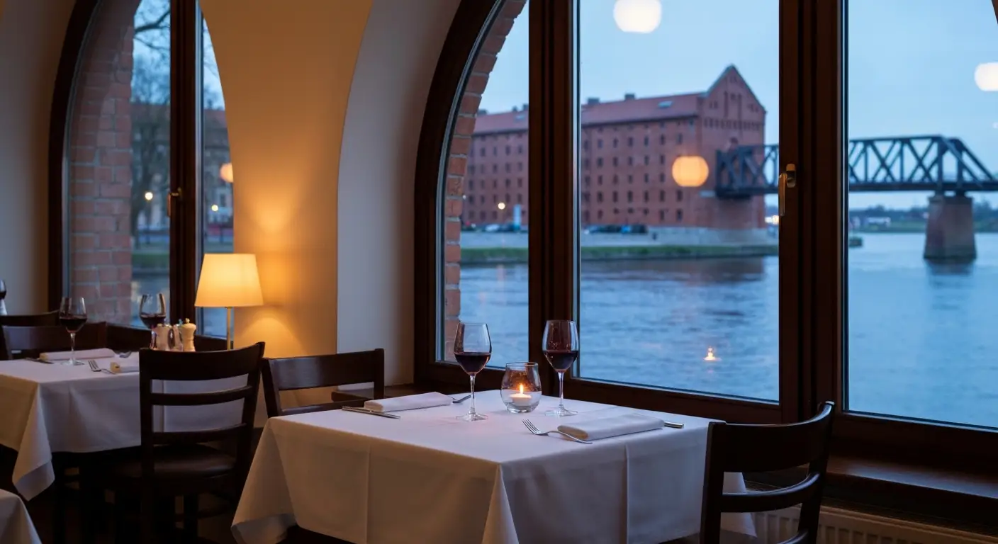 Kameralny stolik dla dwojga przy oknie restauracji w Bydgoszczy z widokiem na Brde i ceglane spichrze o zmierzchu