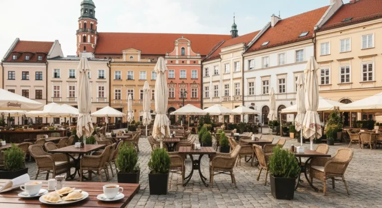 Ogrodki restauracyjne na Starym Rynku w Bydgoszczy z widokiem na kamienice i wieze ratusza