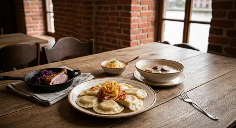 Talerz pierogow ze skwarkami i miska zurku na drewnianym stole w bydgoskiej restauracji, w tle ceglane spichrze nad Brda