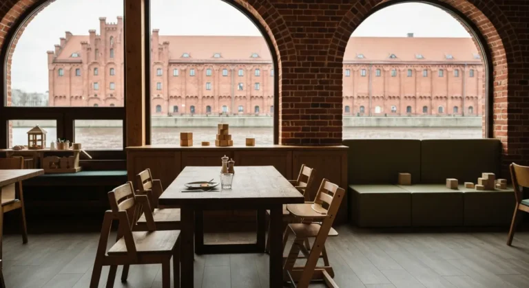Wnetrze rodzinnej restauracji w Bydgoszczy z krzeselkiem dla dziecka i katem zabaw, w oknie ceglane spichrze nad Brda