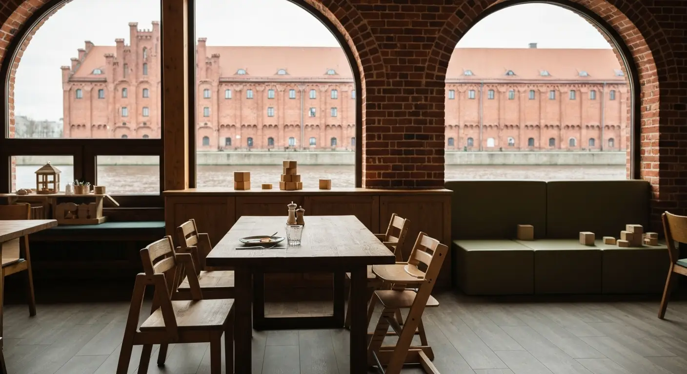 Wnetrze rodzinnej restauracji w Bydgoszczy z krzeselkiem dla dziecka i katem zabaw, w oknie ceglane spichrze nad Brda