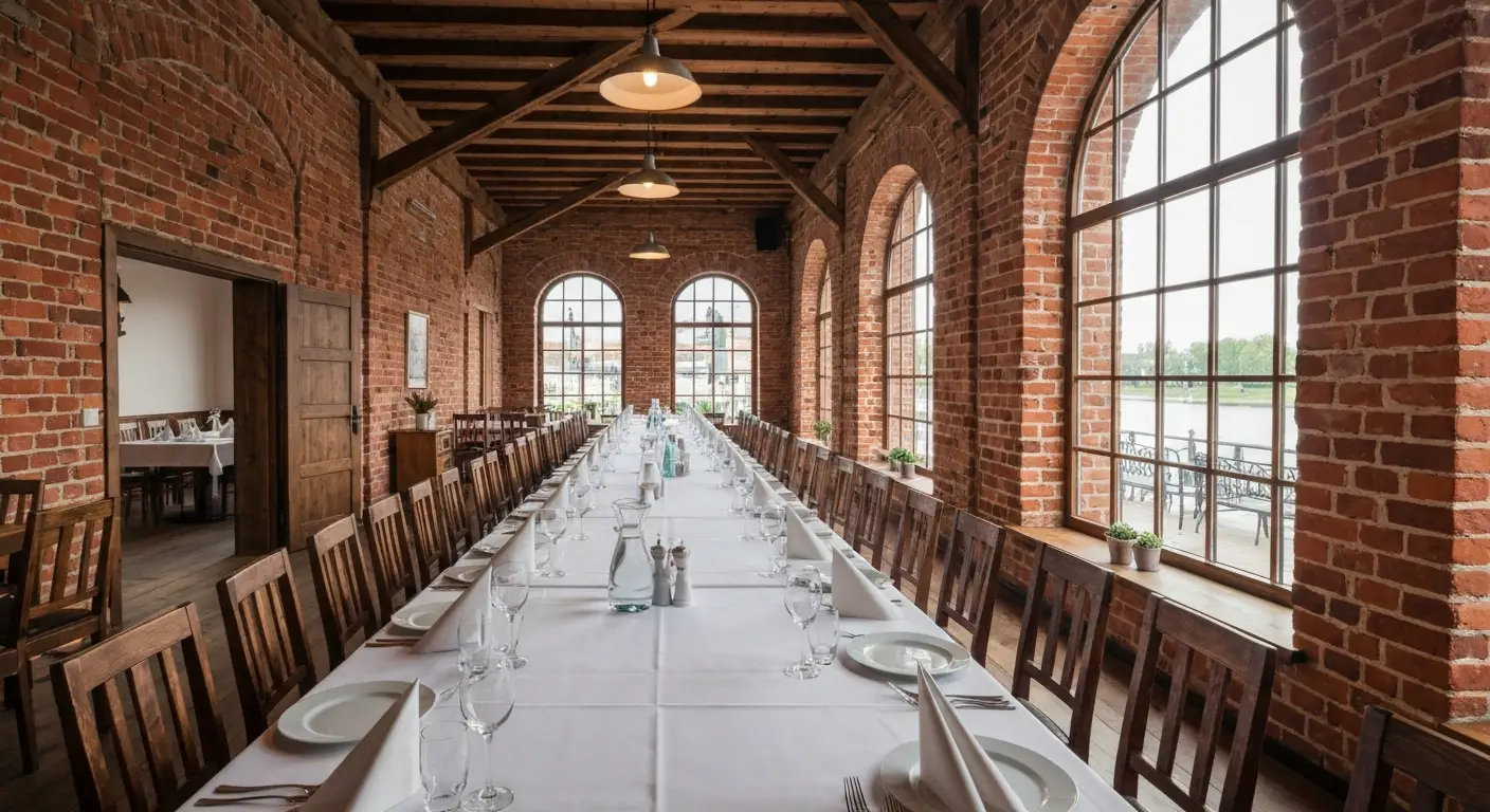 Dlugi stol nakryty dla duzej grupy w restauracji w bydgoskim spichrzu z ceglanymi scianami i widokiem na Brde