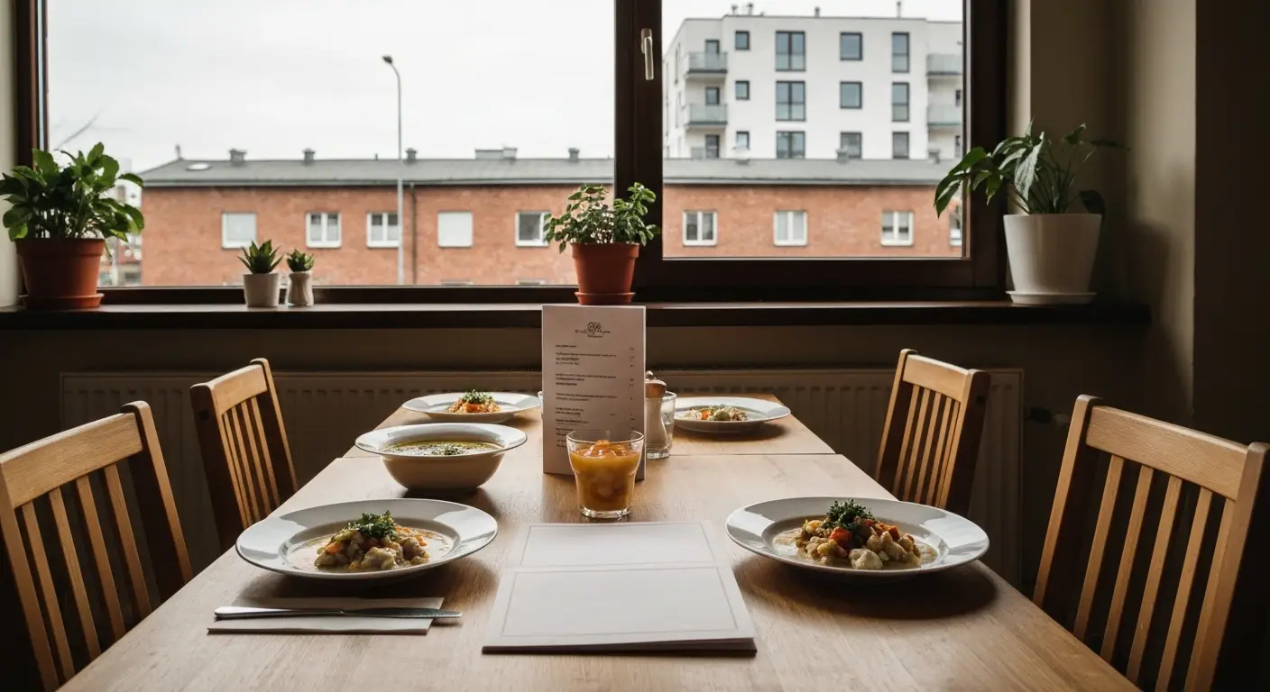 Nakryty stolik w niewielkiej restauracji w bydgoskim Fordonie, za oknem kamienica i blok osiedlowy