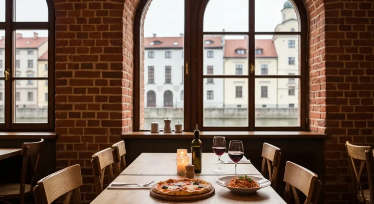 Stolik we wloskiej restauracji w Bydgoszczy z pizza i makaronem, w tle okno z widokiem na kamienice i spichrze nad Brda