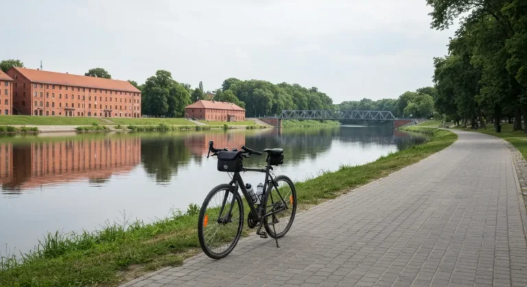 Rower trekkingowy na sciezce rowerowej nad Brda w Bydgoszczy, w tle ceglane spichrze i zielen nad rzeka