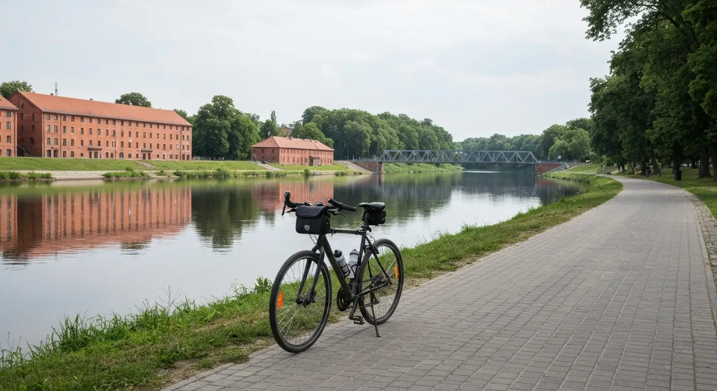 Rower trekkingowy na sciezce rowerowej nad Brda w Bydgoszczy, w tle ceglane spichrze i zielen nad rzeka