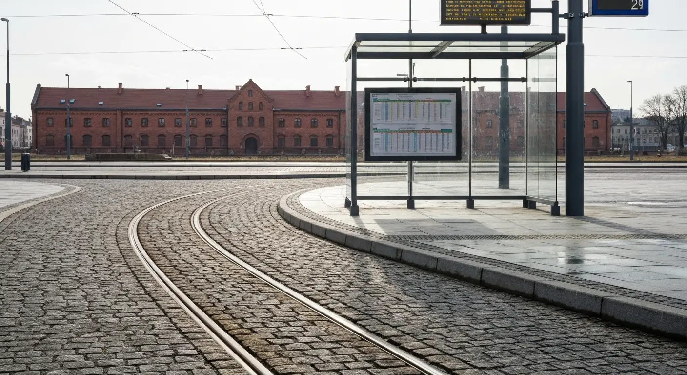 Przystanek tramwajowy w Bydgoszczy z wiatą, tablicą odjazdów i torowiskiem na tle kamienic